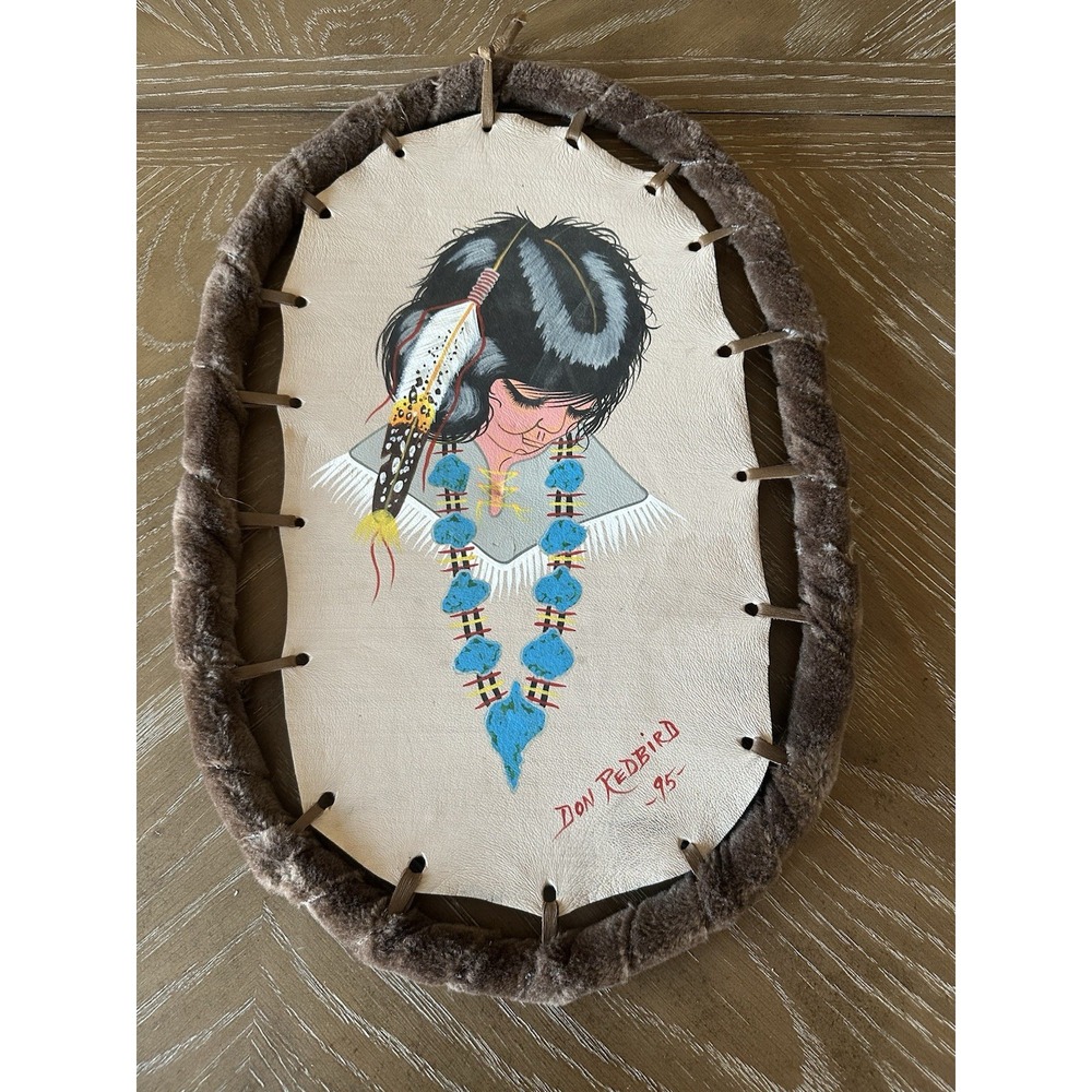 Vintage Native American Art, Set of 2 Buffalo shields on leather by Don Redbird - Picture 9 of 16